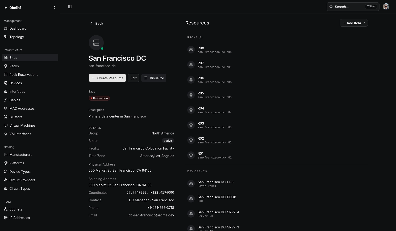 Obelinf dashboard showing a site with its details and devices